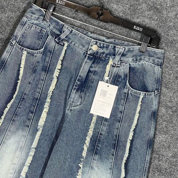 Wide Leg Jeans Womens Large Blue Denim Fringe Frayed Streetwear Baggy Distressed - Picture 2 of 12